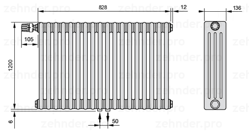 Схема (чертеж) Радиатор Zehnder Charleston 4120/18 №V007 Белый глянцевый RAL 9016